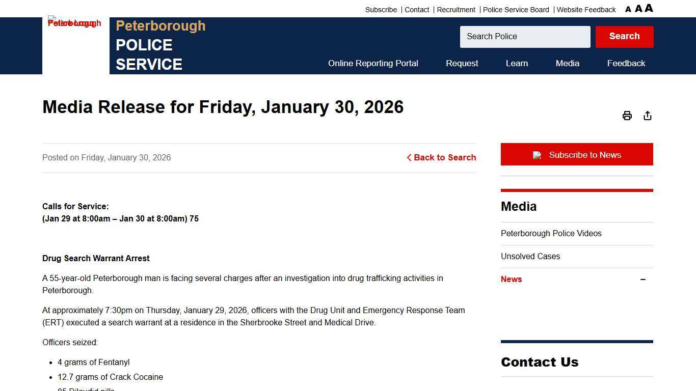 Media Release for Friday, January 30, 2026 - Peterborough Police